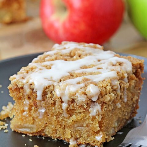 Apple Crumb Cake is a soft, moist cake filled with juicy apples and topped with an extra brown sugar cinnamon crumb topping. This perfect fall dessert holds a special place in my cookbook!