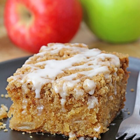 Apple Crumb Cake is a soft, moist cake filled with juicy apples and topped with an extra brown sugar cinnamon crumb topping. This perfect fall dessert holds a special place in my cookbook!