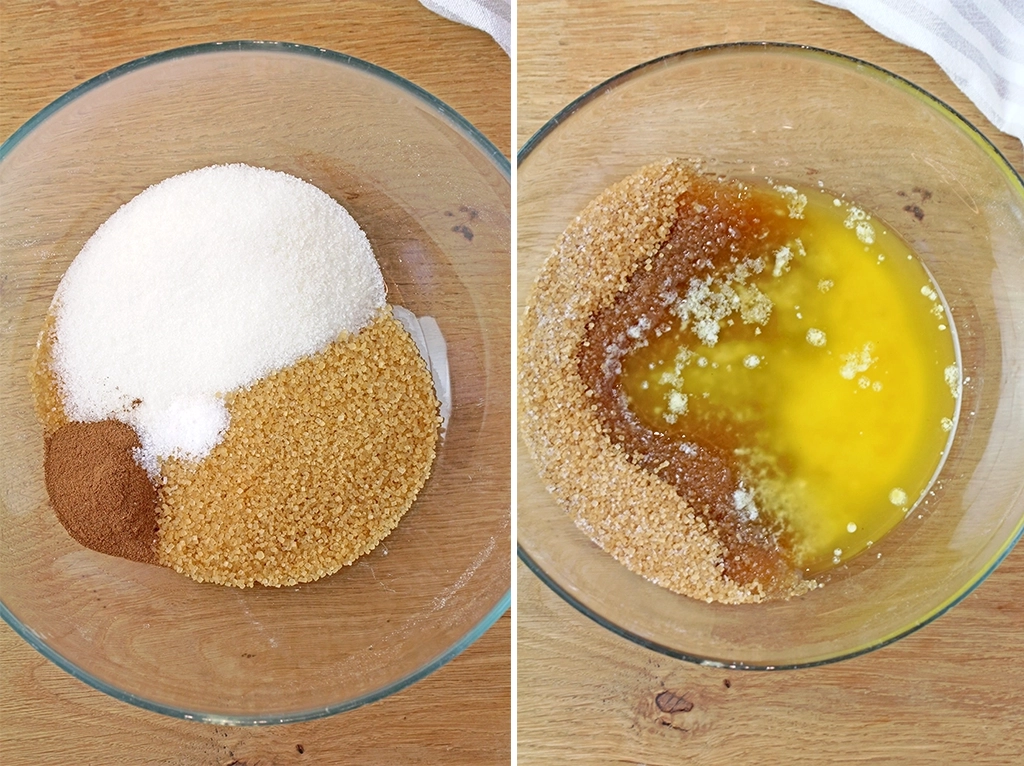 Combine the melted butter with the mixture of flour, light brown sugar, granulated sugar, cinnamon, and salt. Mix with a fork until crumbs form.
