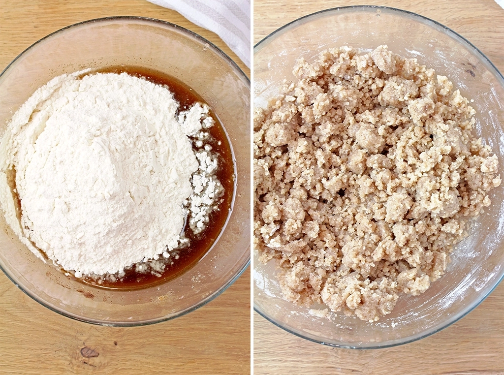 Combine the melted butter with the mixture of flour, light brown sugar, granulated sugar, cinnamon, and salt. Mix with a fork until crumbs form.