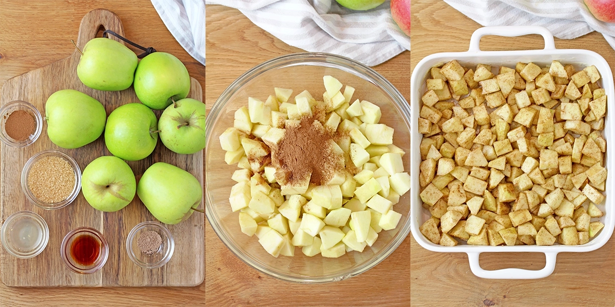 First, prepare the apples. Toss the peeled and chopped apples with sugar, cinnamon, nutmeg, vanilla, and lemon juice. Transfer to a 9x9-inch baking dish generously greased with butter.
