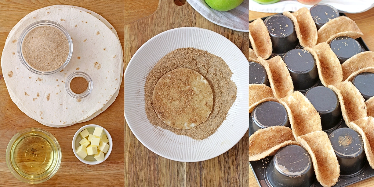 Begin by making the crispy cinnamon - sugar tortilla shells. Cut the tortillas into 4-inch circles using a cookie cutter - you will need 25 circles. Brush both sides with melted butter and coat with a mixture of cinnamon and brown sugar. Place the circles over an inverted muffin tin and bake at 400°F (200°C) for 6–8 minutes, or until lightly golden.
