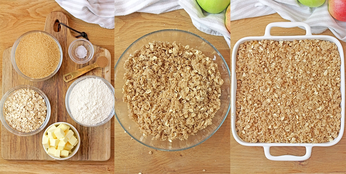 Next, prepare the crisp topping. Combine the flour, oats, brown sugar, cinnamon, and salt. Add the cold butter pieces and cut them in with a fork or pastry cutter until well combined. You can also use your hands for this step. Sprinkle the crisp topping over the apples and bake at 350°F (175°C) for 40–50 minutes, or until the top is lightly golden.