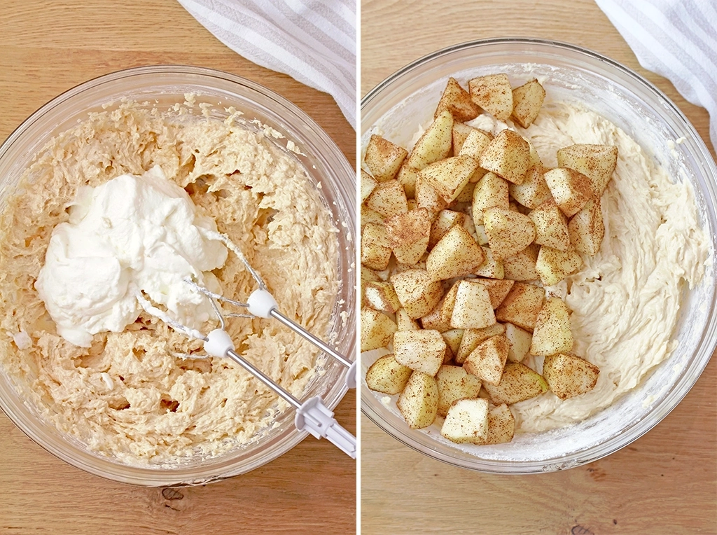 In a bowl, combine the flour, baking powder, baking soda, and salt. In a separate bowl, beat the butter, brown sugar, and granulated sugar, then add the egg and vanilla and mix until combined. Add the sour cream and beat until smooth.