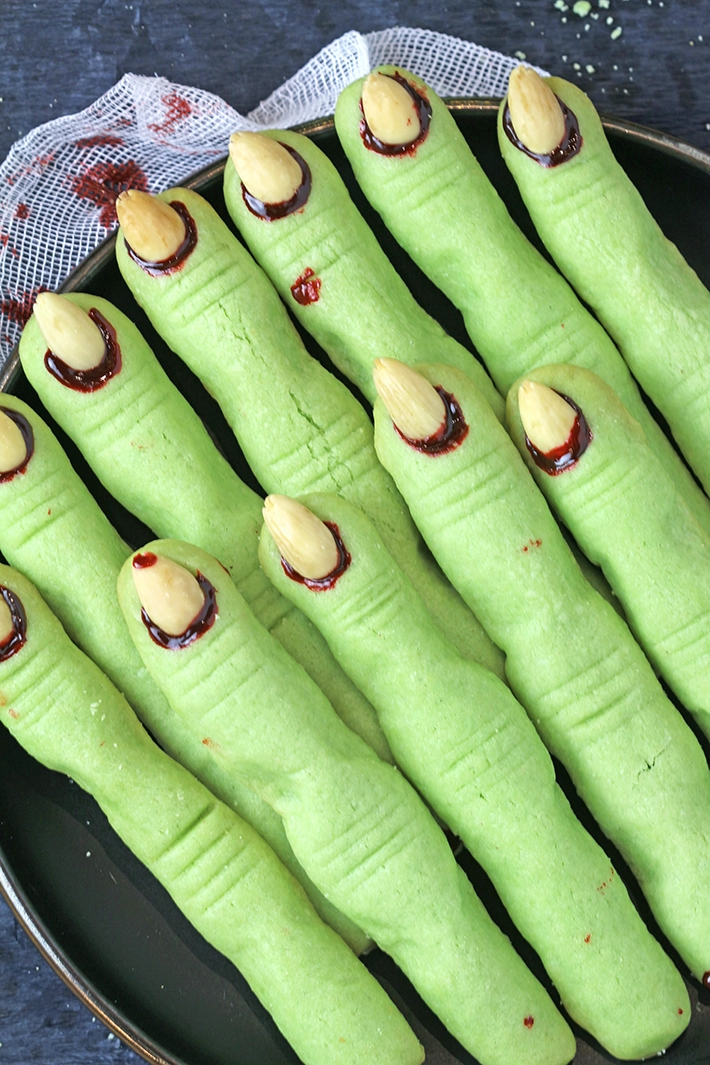 Close-up of creepy Witch Finger Cookies with almond nails for Halloween