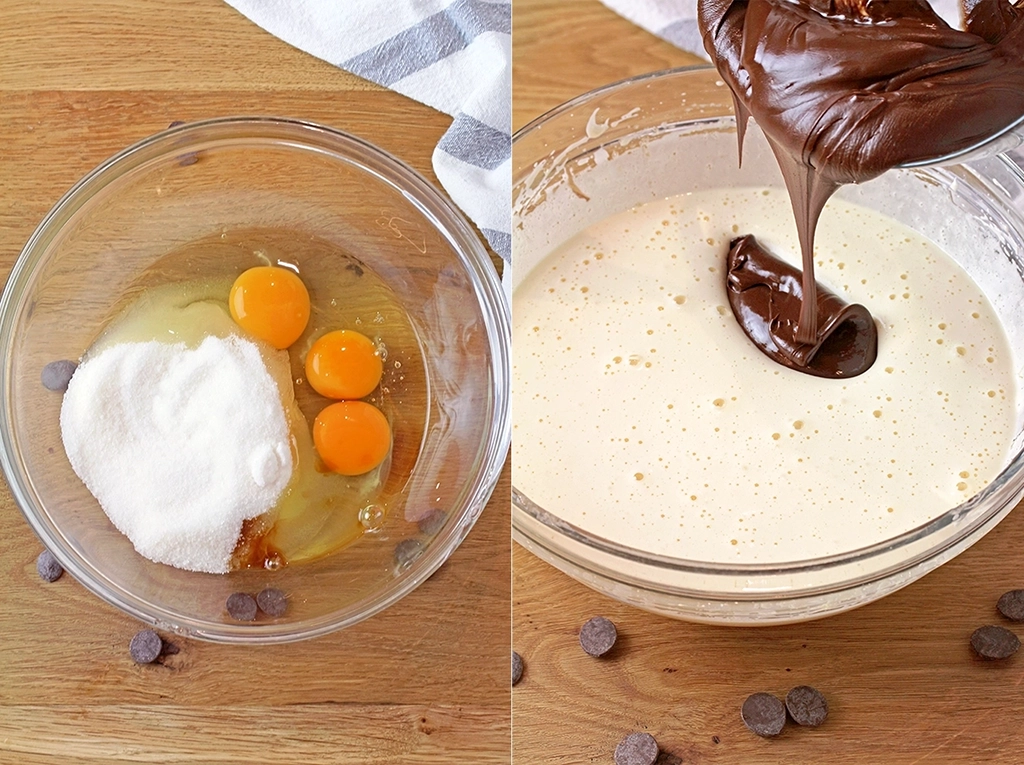 In a medium bowl, beat the eggs, sugar, and vanilla with an electric mixer on medium-high speed until light and creamy, about 3 minutes. Add cooled, melted chocolate and beat until well combined.