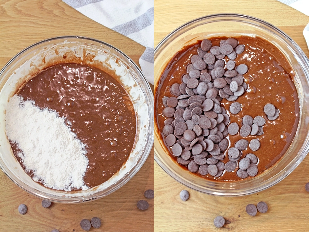 Step 3. Combine with the dry ingredients.In a separate bowl, whisk together the flour, baking powder, and salt. Add the dry ingredients to the wet mixture and fold with a spatula just until combined—do not overmix. Step 4. Stir in the chocolate chips.