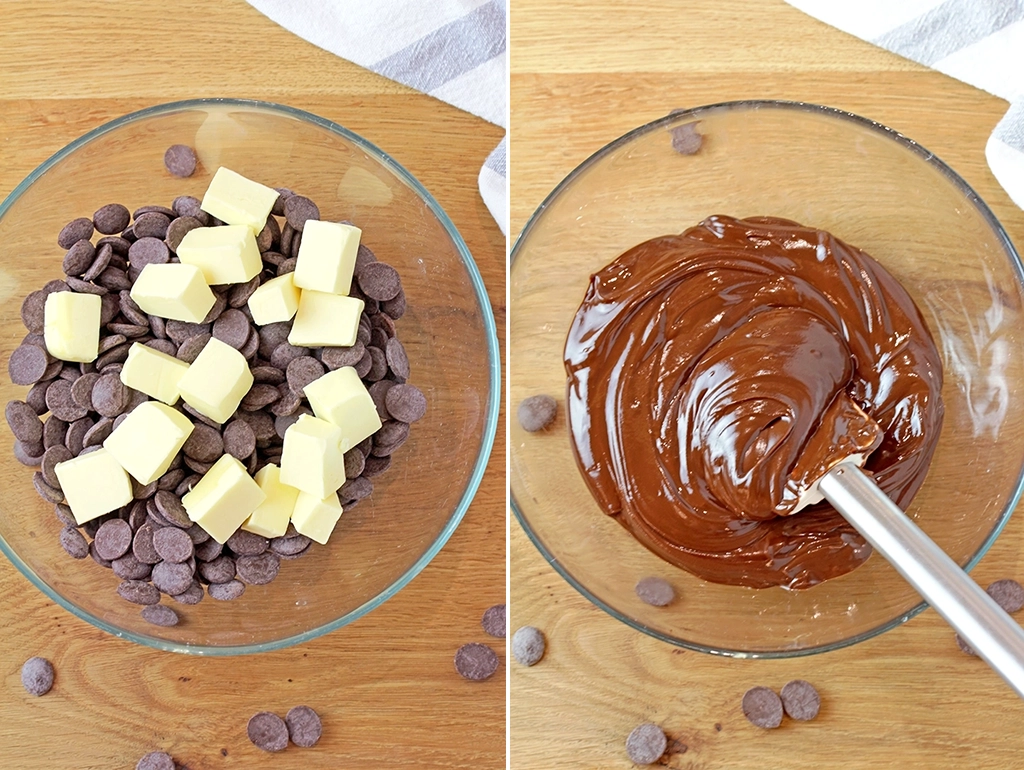Melt 2 cups of chocolate chips and cubed butter together in a microwave-safe bowl in 30-second intervals, stirring between each interval, until the mixture is smooth. Set aside to cool.