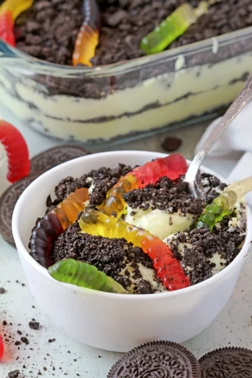 A fun and creamy chocolate pudding dessert layered with crushed Oreo cookies and gummy worms – perfect for kids, birthday parties, and Halloween.