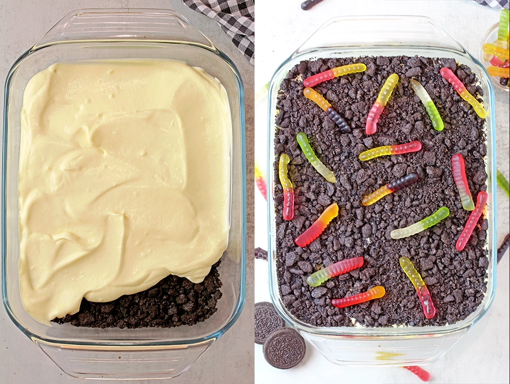 In a 9x13-inch dish, lay the crushed Oreos and the whipped vanilla pudding mixture, alternating between the two. Start with an Oreo layer, then pudding, then Oreos again, then pudding, and finish with Oreos on top. You’ll have a total of 5 layers—3 Oreo layers and 2 pudding layers in between.