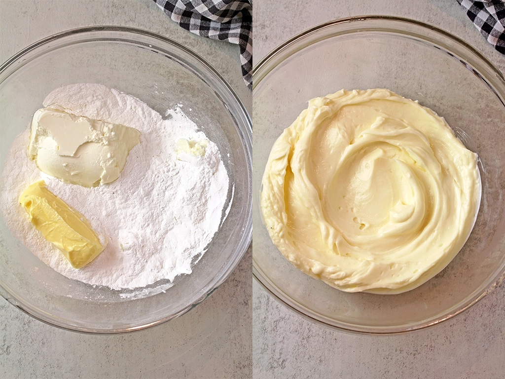 In a separate bowl, beat the cream cheese, softened butter, and powdered sugar until smooth.