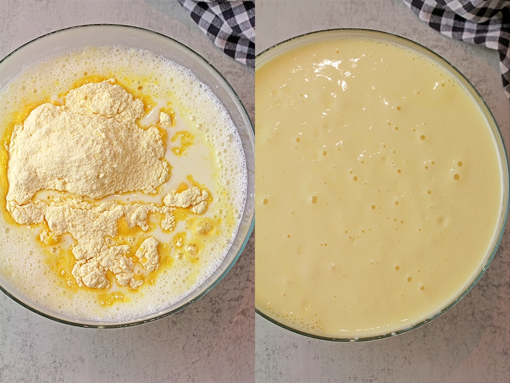 Start by whisking together the milk and instant vanilla pudding until it begins to thicken, about 2 minutes.