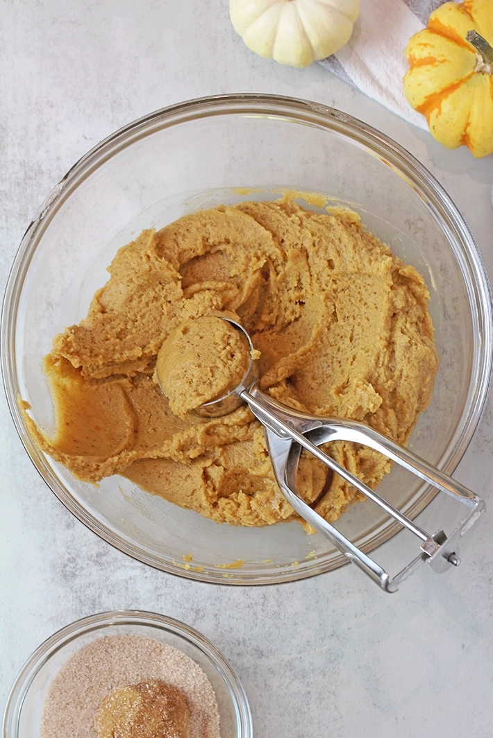 Steps 5 & 6: Scoop the dough and roll each ball in the cinnamon-sugar mixture.