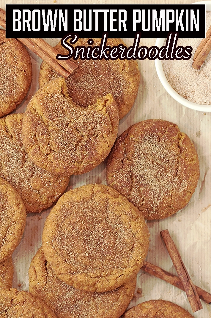 Brown Butter Pumpkin Snickerdoodles coated in cinnamon sugar, soft and chewy fall cookies