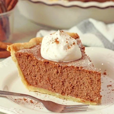 The Best Cinnamon Pie dusted with powdered sugar and topped with whipped cream