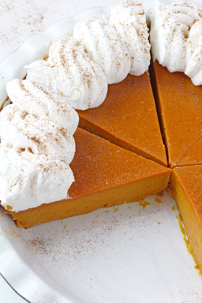 Easy Crustless Pumpkin Pie with a creamy, silky-smooth texture, perfect for Thanksgiving and fall dessert