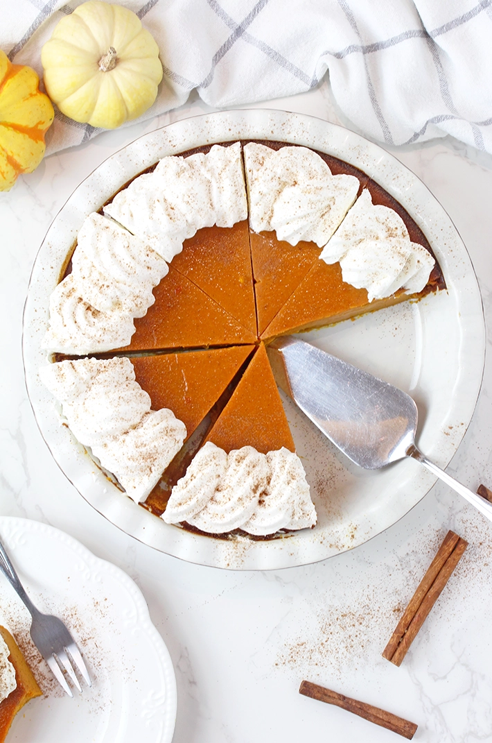 Easy Crustless Pumpkin Pie with a creamy, silky-smooth texture, perfect for Thanksgiving and fall dessert