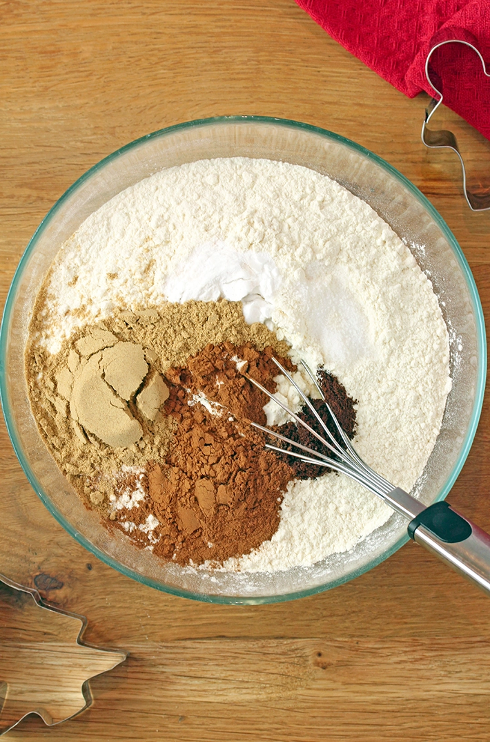 Mix the dry ingredients - flour, spices, baking soda, and salt.