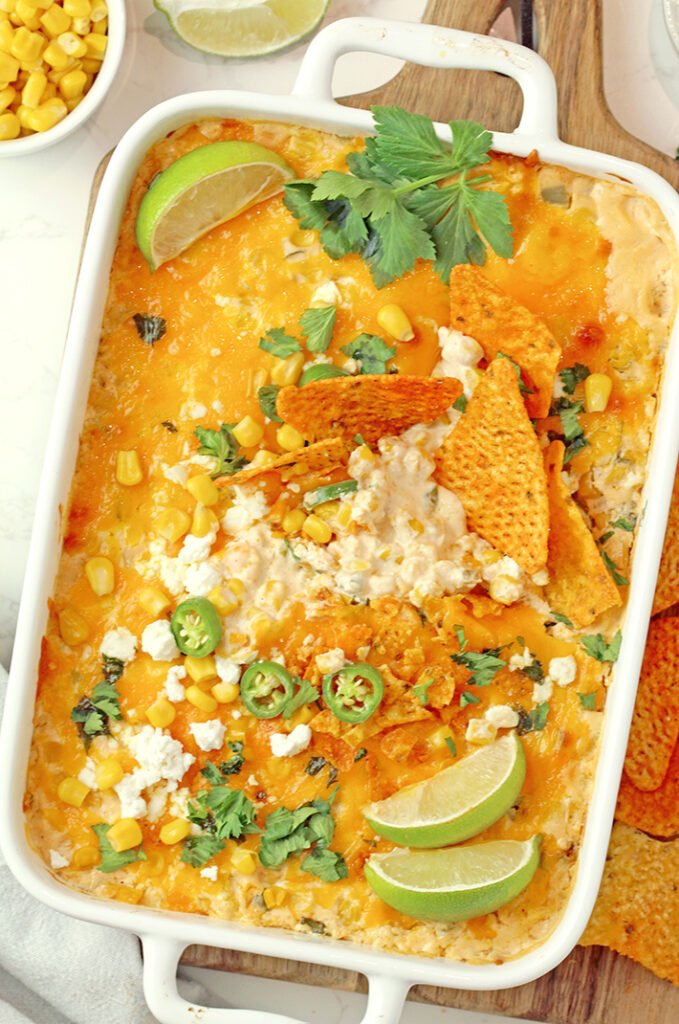 Hot Mexican Street Corn Dip (Elote Style) served with tortilla chips