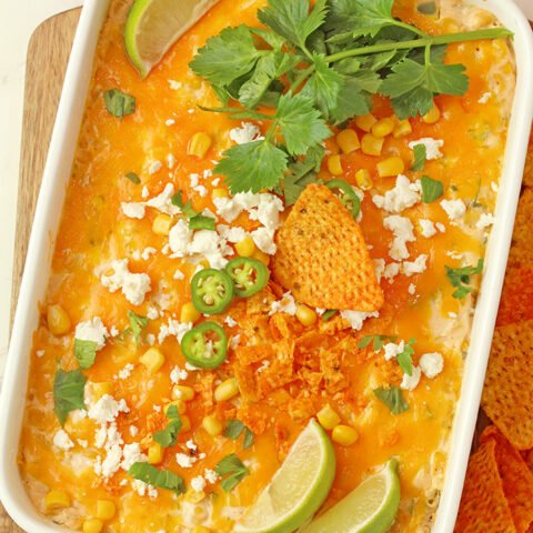 Mexican street corn dip served with tortilla chips