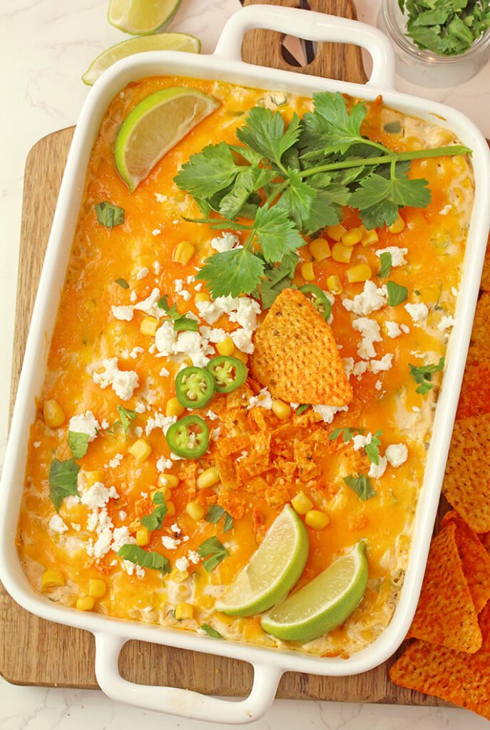 Hot Mexican Street Corn Dip (Elote Style) served with tortilla chips