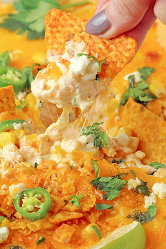 Hot Mexican Street Corn Dip (Elote Style) served with tortilla chips