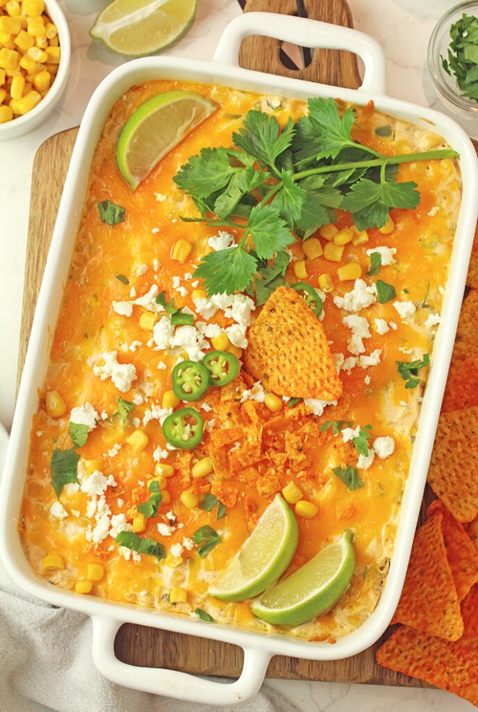 Hot Mexican Street Corn Dip (Elote Style) served with tortilla chips