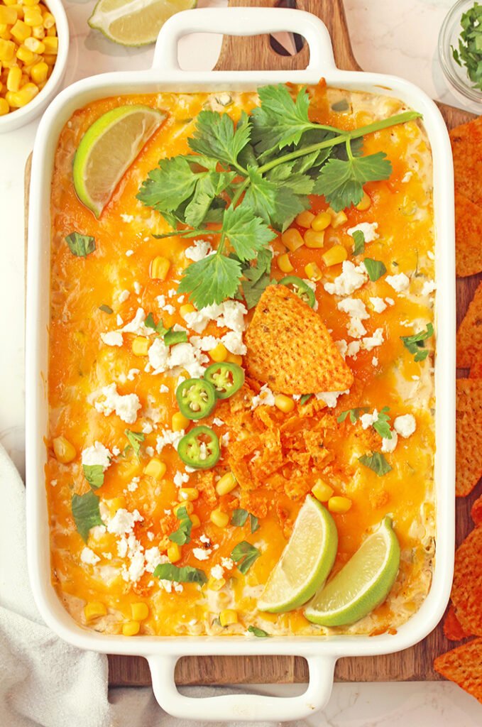 Hot Mexican Street Corn Dip (Elote Style) served with tortilla chips