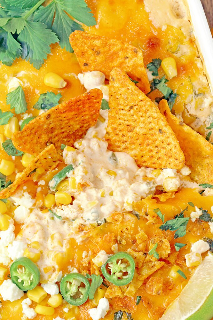 Hot Mexican Street Corn Dip (Elote Style) served with tortilla chips