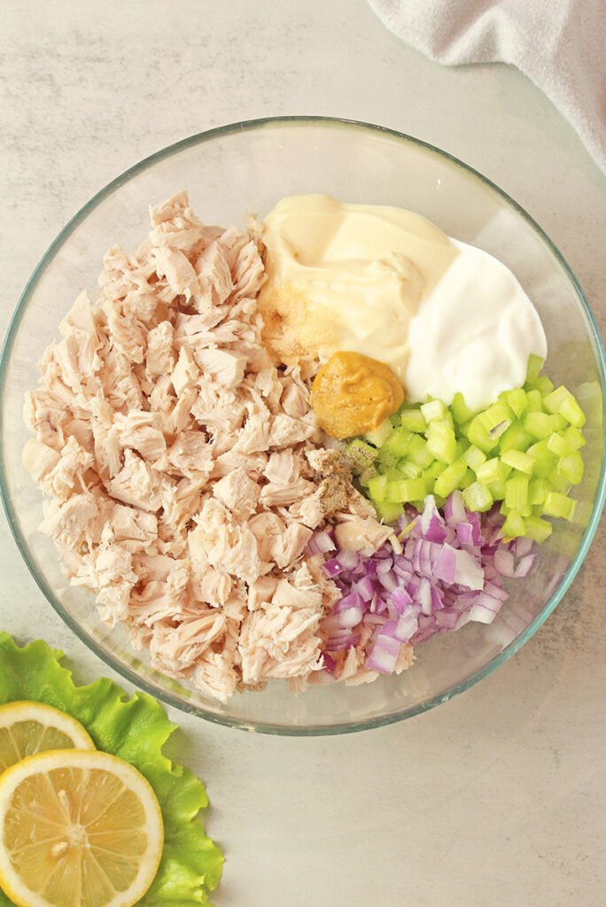 Cooked chicken Celery Red onion Mayonnaise Greek yogurt Dijon mustard Lemon juice Garlic powder Salt Black pepper