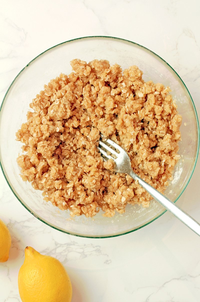 Step 1 - Prepare the oat crumb crust and topping. Mix flour, oats, sugars, baking powder, and salt in a bowl. Add melted butter and stir until the mixture becomes crumbly.