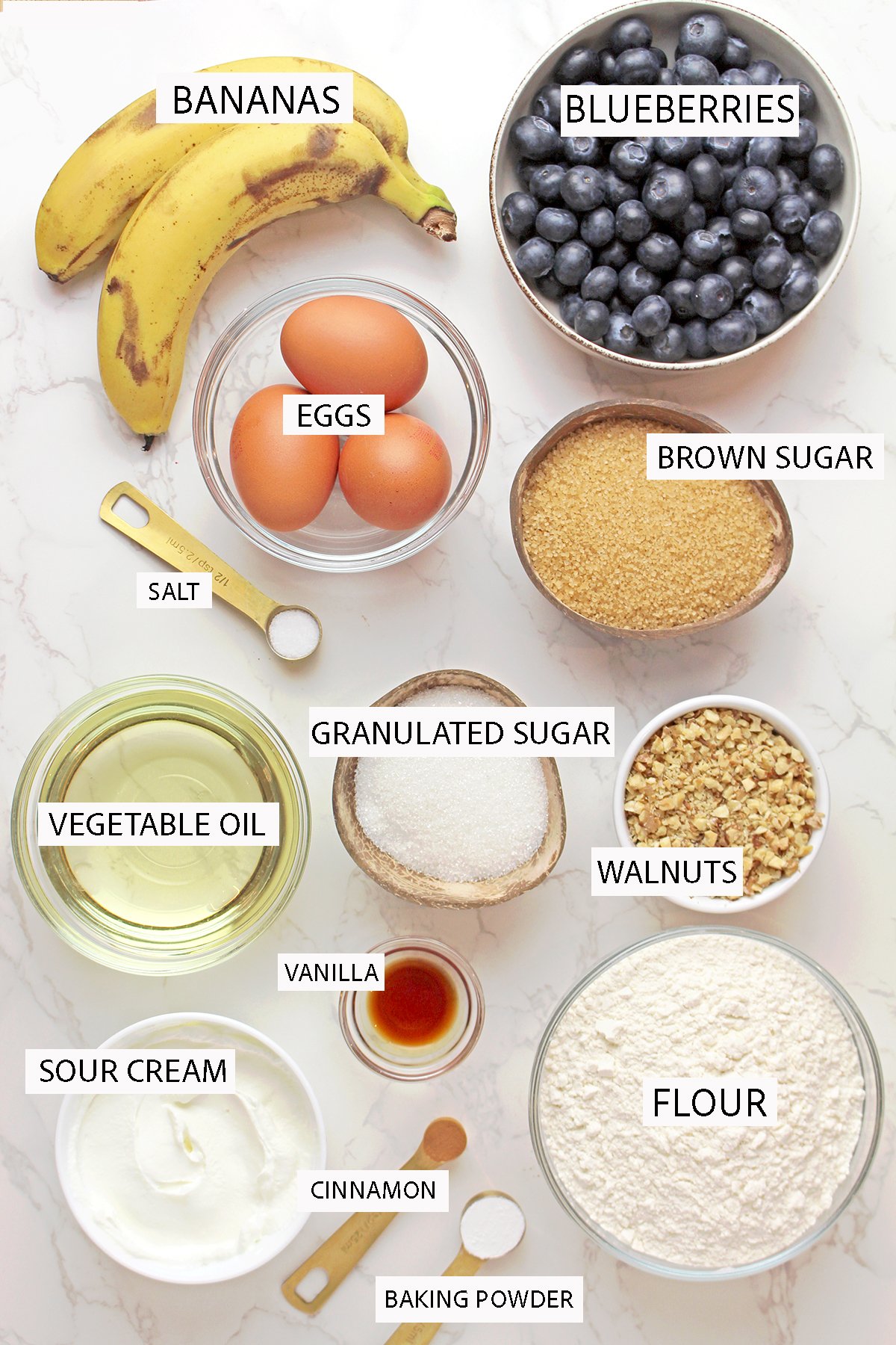 Key Ingredients for Banana Blueberry Muffins with Crumb Topping.