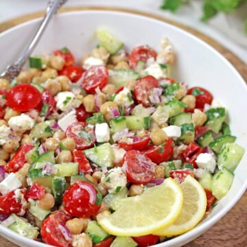Mediterranean Chickpea Salad with feta, cucumber, tomatoes, and lemon dressing