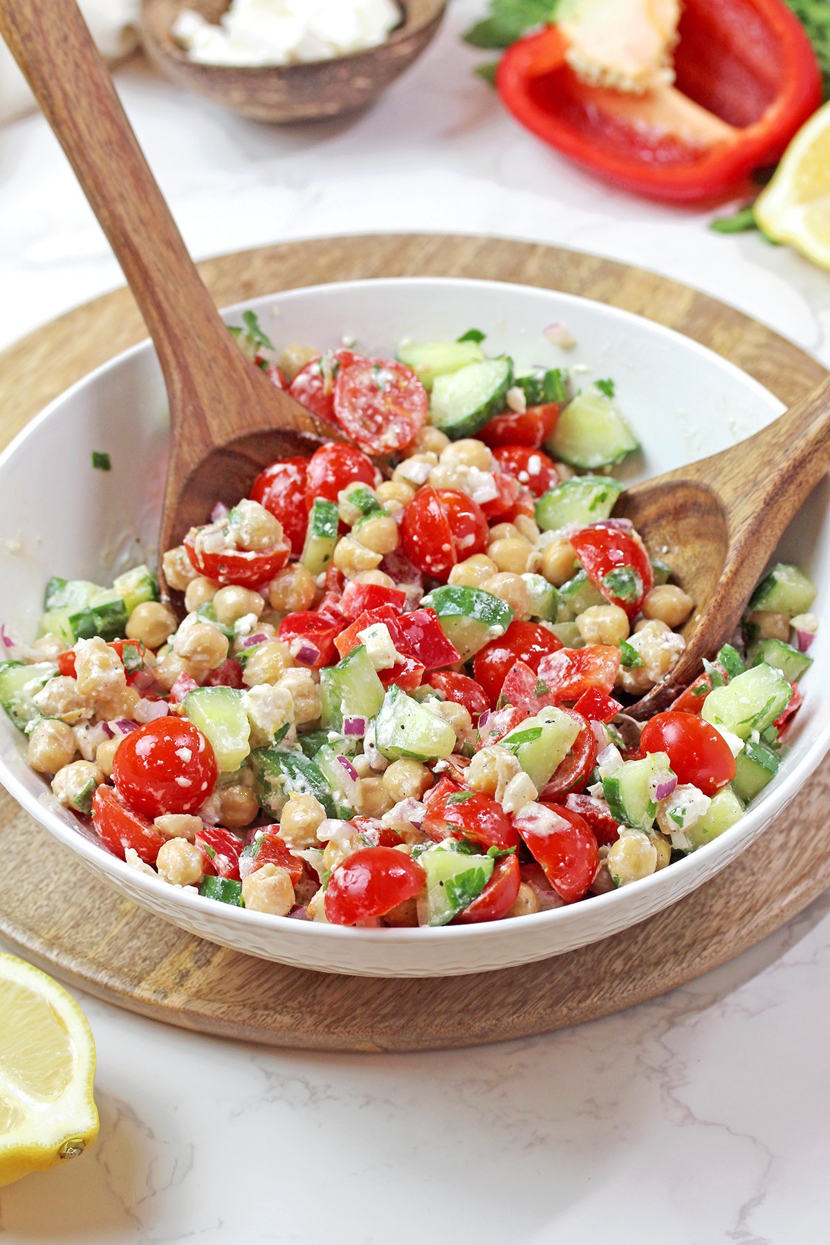 Mediterranean Chickpea Salad ready to serve for lunch or dinner.