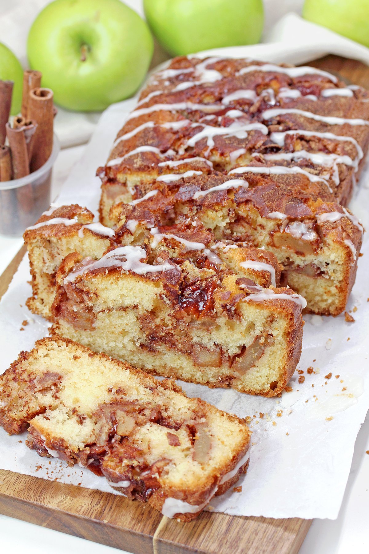 Apple cinnamon bread with fresh apples, cinnamon, and a sweet glaze.