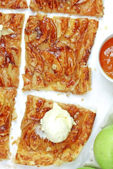Easy Puff Pastry Apple Tart with cinnamon apples and apricot jam on flaky pastry.