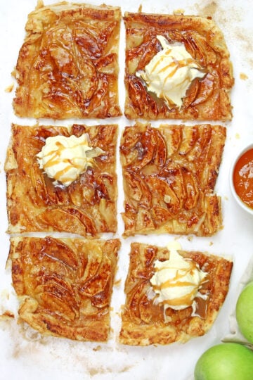 Easy Puff Pastry Apple Tart with cinnamon apples and apricot jam on flaky pastry.
