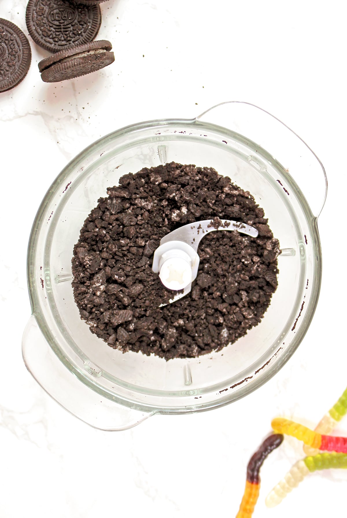 Oreo cookies coarsely crushed in a food processor.