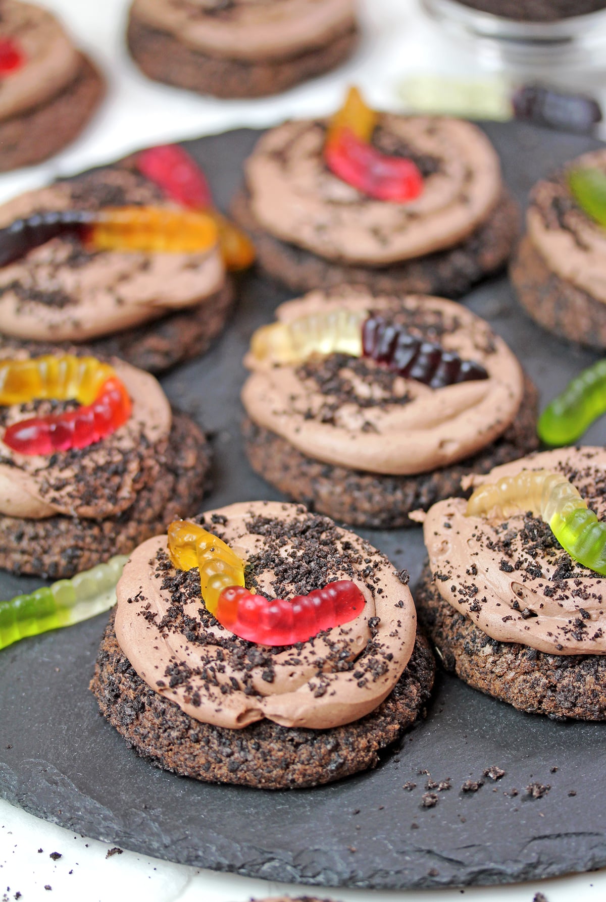 Dirt Cake Cookies arranged on a stone serving tray.